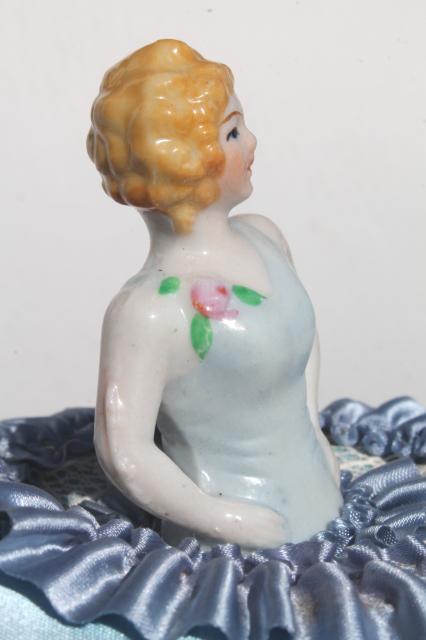 photo of 1930s deco vintage satin pincushion, boudoir half doll china lady w/ flapper bob #7