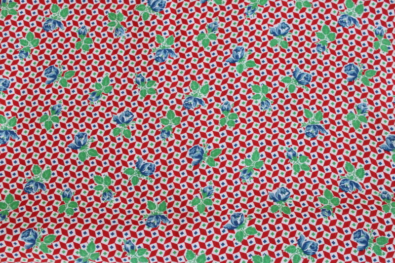 photo of 1930s depression era cotton fabric, checks w/ floral print, red, jade green, blue #1