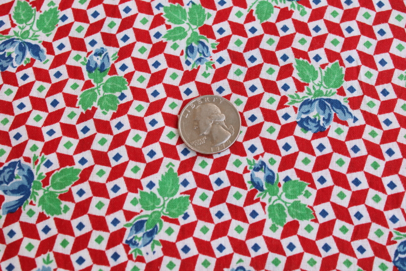 photo of 1930s depression era cotton fabric, checks w/ floral print, red, jade green, blue #2