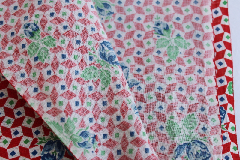 photo of 1930s depression era cotton fabric, checks w/ floral print, red, jade green, blue #3