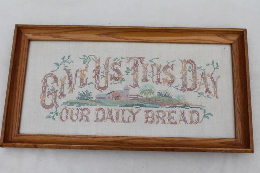 photo of 1930s golden oak frame w/ hand stitched embroidery Give Us This Day our Daily Bread #1