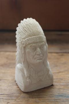 catalog photo of 1930s or 40s vintage chalkware Indian chief figurine, miniature bust weathered white plaster 