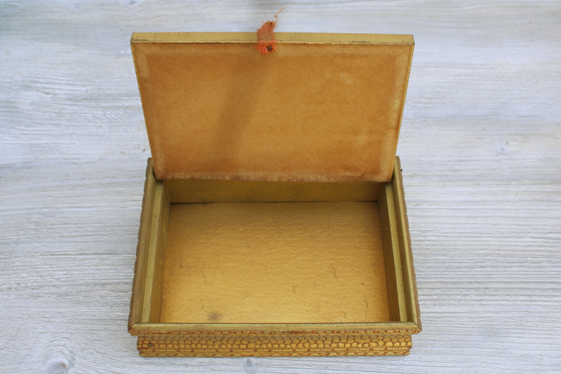 photo of 1930s or 40s vintage wood jewelry / trinket box, cottage scene litho print in frame #2