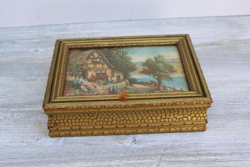 catalog photo of 1930s or 40s vintage wood jewelry / trinket box, cottage scene litho print in frame