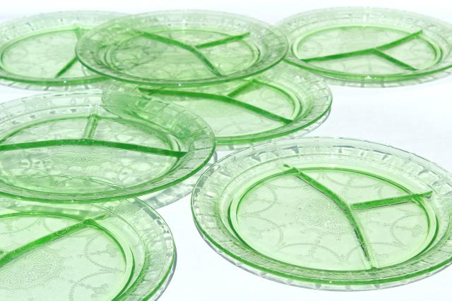 photo of 1930s vintage Anchor Hocking Cameo green depression glass grill plates, divided plate #3