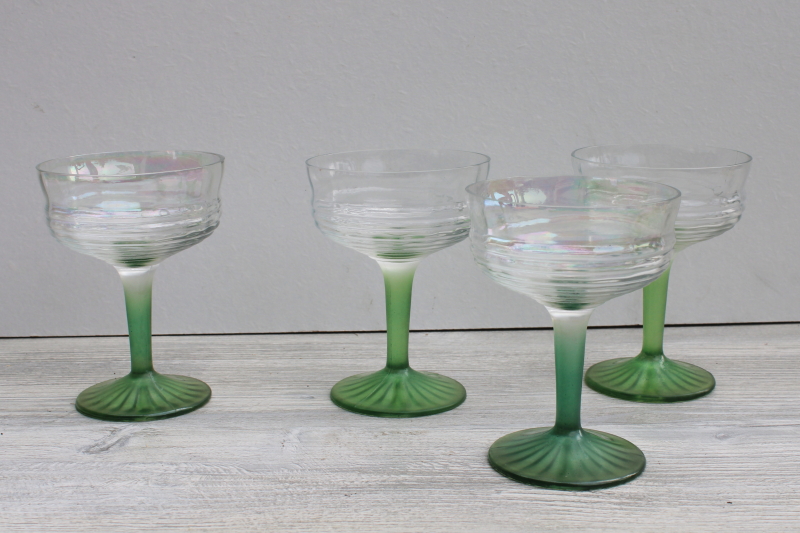 photo of 1930s vintage Anchor Hocking circle pattern stemware, iridized green stem champagne glasses #1