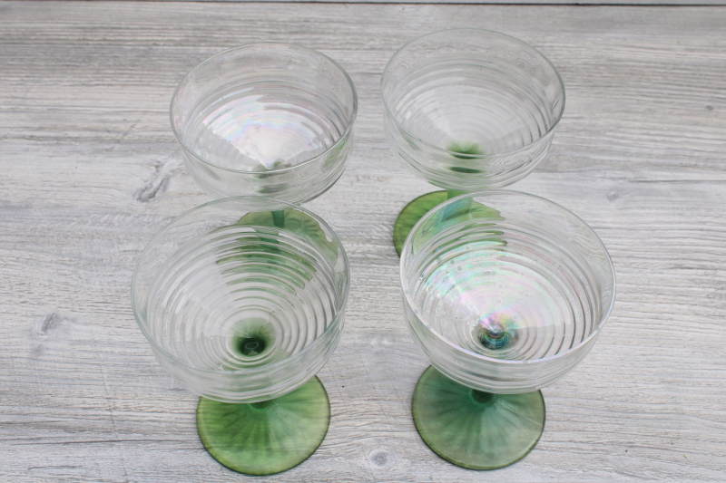 photo of 1930s vintage Anchor Hocking circle pattern stemware, iridized green stem champagne glasses #2