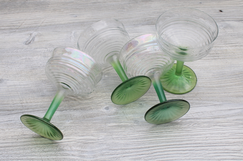 photo of 1930s vintage Anchor Hocking circle pattern stemware, iridized green stem champagne glasses #3