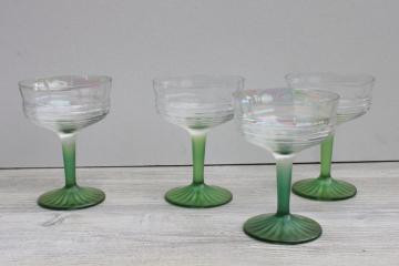 1930s vintage Anchor Hocking circle pattern stemware, iridized green stem champagne glasses