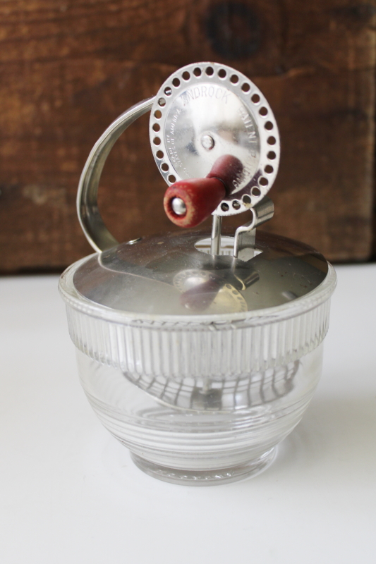 photo of 1930s vintage Androck egg beater & round glass bowl beater jar, deco hand crank mixer #1