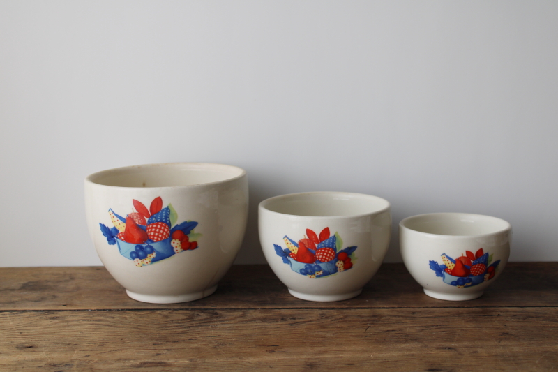 photo of 1930s vintage Calico Fruit print nesting bowls set, Universal china ironstone mixing bowls  #1