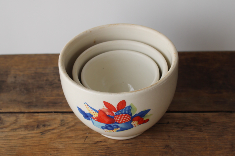 photo of 1930s vintage Calico Fruit print nesting bowls set, Universal china ironstone mixing bowls  #8