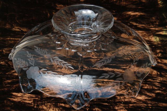 photo of 1930s vintage Duchess fleur de lis Indiana glass, huge old footed glass bowl w/ etched flowers #6