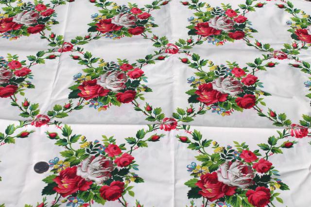 photo of 1930s vintage Everglaze polished cotton chintz fabric, rose floral lattice print #2