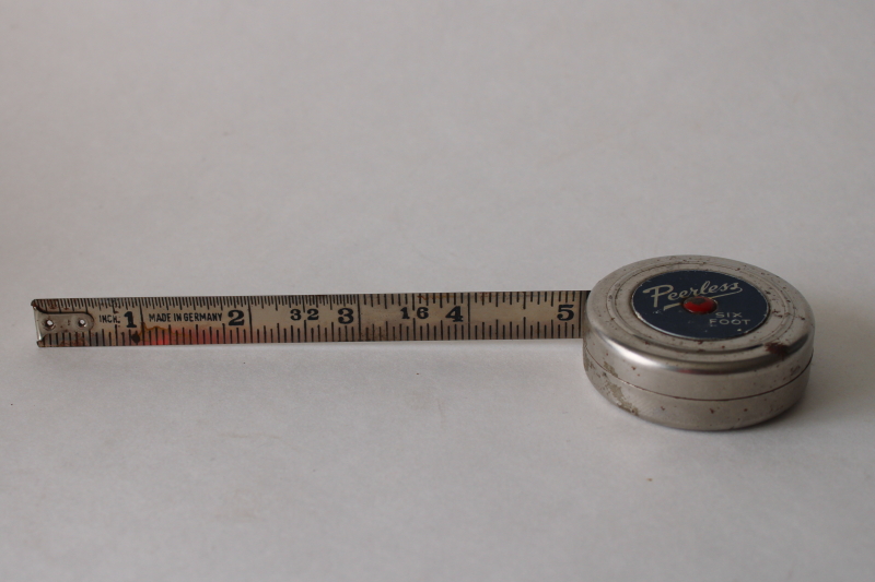 photo of 1930s vintage Germany Peerless stainless steel tape measure, 6 ft industrial machine age tool  #1