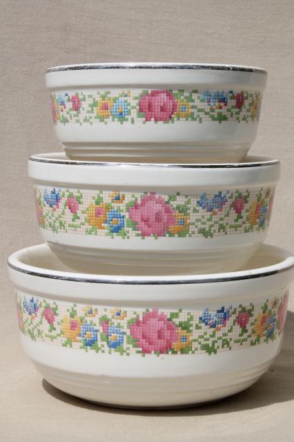 photo of 1930s vintage Harker HotOven pottery nesting mixing bowls, petit point flowers pattern #8