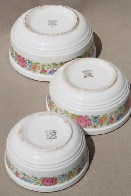 photo of 1930s vintage Harker HotOven pottery nesting mixing bowls, petit point flowers pattern #10