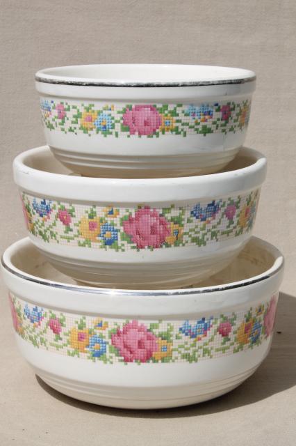 photo of 1930s vintage Harker HotOven pottery nesting mixing bowls, petit point flowers pattern #12