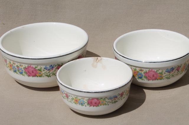 photo of 1930s vintage Harker HotOven pottery nesting mixing bowls, petit point flowers pattern #14