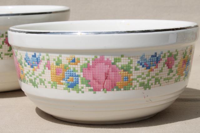 photo of 1930s vintage Harker HotOven pottery nesting mixing bowls, petit point flowers pattern #16