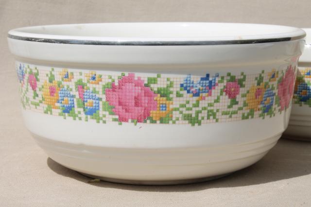 photo of 1930s vintage Harker HotOven pottery nesting mixing bowls, petit point flowers pattern #17