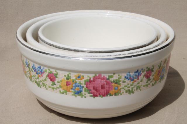 photo of 1930s vintage Harker HotOven pottery nesting mixing bowls, petit point flowers pattern #21