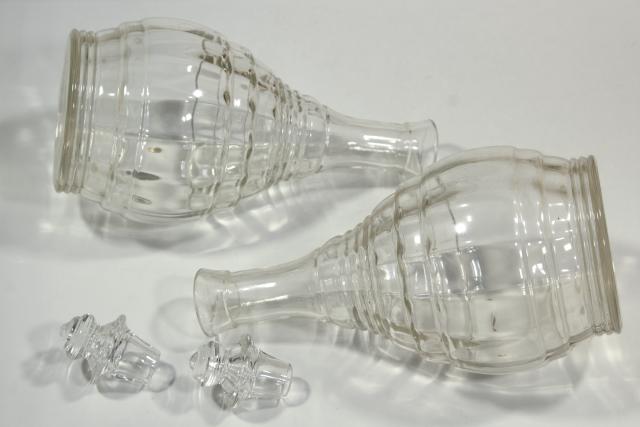 photo of 1930s vintage Hazel Atlas glass decanter bottles, art deco banded ring pattern #2