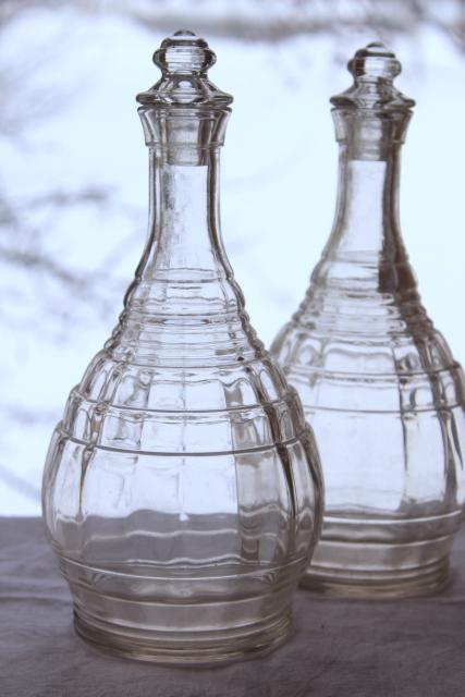 photo of 1930s vintage Hazel Atlas glass decanter bottles, art deco banded ring pattern #4