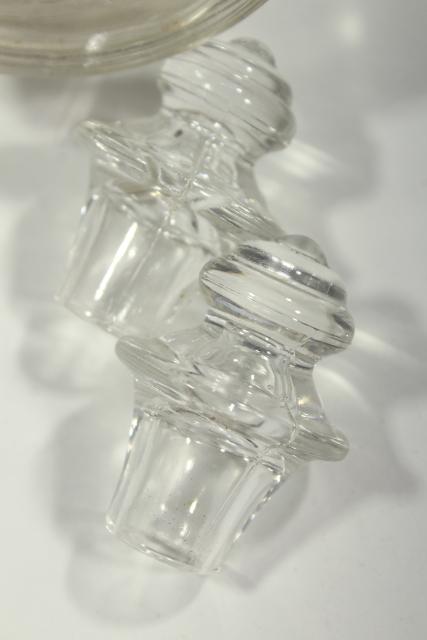 photo of 1930s vintage Hazel Atlas glass decanter bottles, art deco banded ring pattern #9