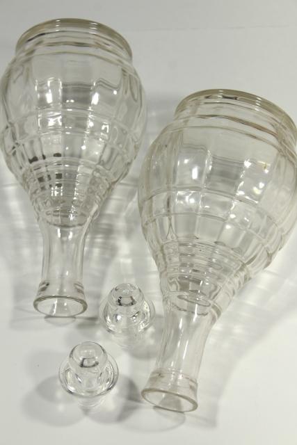 photo of 1930s vintage Hazel Atlas glass decanter bottles, art deco banded ring pattern #10