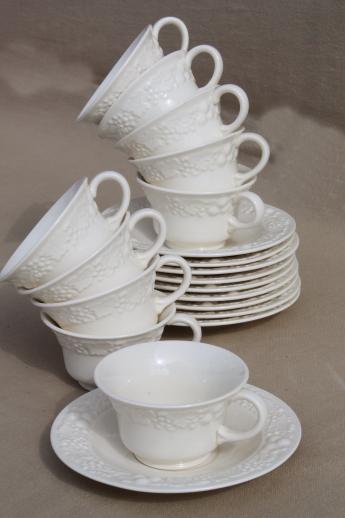 photo of 1930s vintage Homer Laughlin eggshell china, antique creamware cups & saucers embossed fruit #3