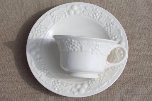 photo of 1930s vintage Homer Laughlin eggshell china, antique creamware cups & saucers embossed fruit #5