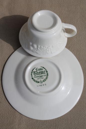 photo of 1930s vintage Homer Laughlin eggshell china, antique creamware cups & saucers embossed fruit #6