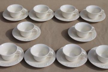 catalog photo of 1930s vintage Homer Laughlin eggshell china, antique creamware cups & saucers embossed fruit