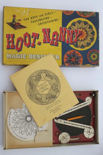 photo of 1930s vintage Hoot Nanny Magic Designer spirograph style drawing set toy #1