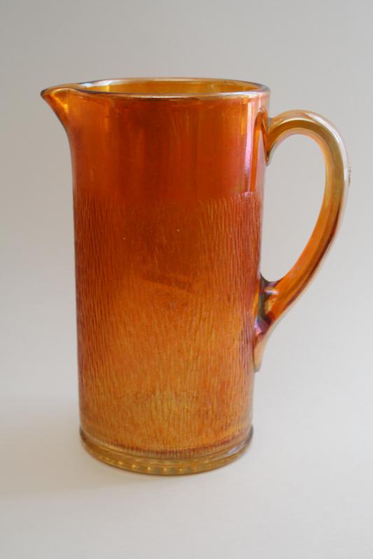 photo of 1930s vintage Jeannette carnival glass marigold orange luster, tree bark pitcher #1