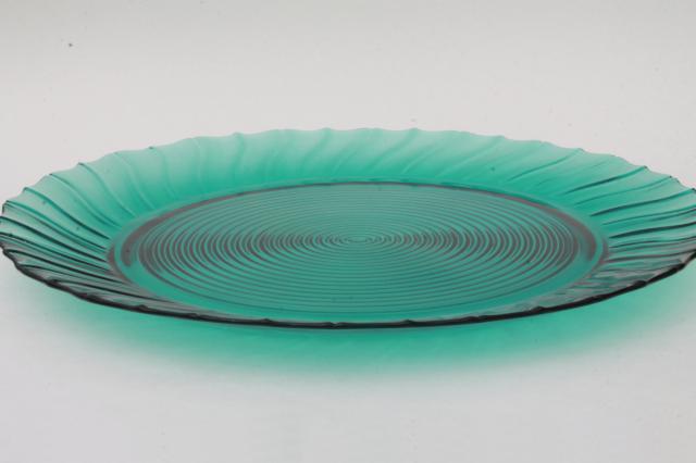 photo of 1930s vintage Jeannette ultramarine aqua blue glass cake plate or sandwich tray #2