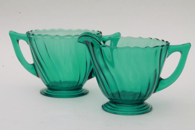 photo of 1930s vintage Jeannette ultramarine aqua blue glass creamer & sugar set #1