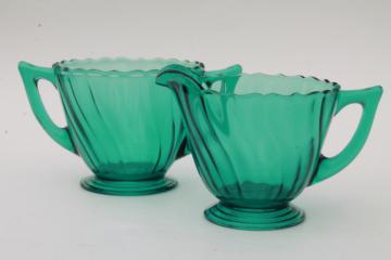 catalog photo of 1930s vintage Jeannette ultramarine aqua blue glass creamer & sugar set