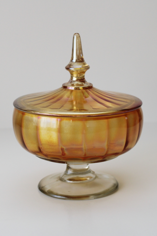 photo of 1930s vintage Lancaster glass candy dish, carnival glass marigold iridescent luster  #1