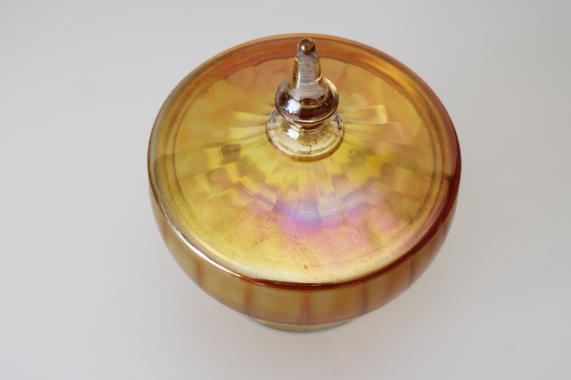 photo of 1930s vintage Lancaster glass candy dish, carnival glass marigold iridescent luster #2