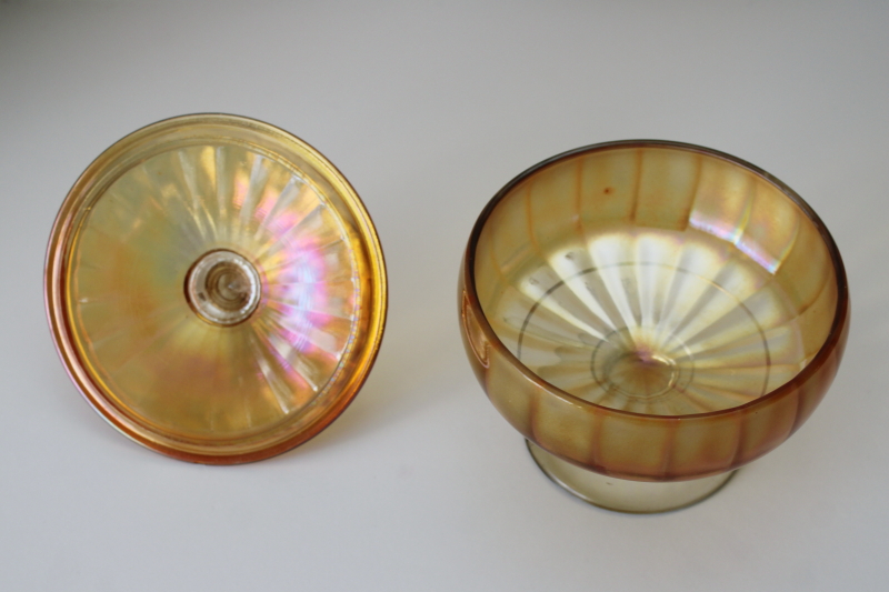 photo of 1930s vintage Lancaster glass candy dish, carnival glass marigold iridescent luster #3