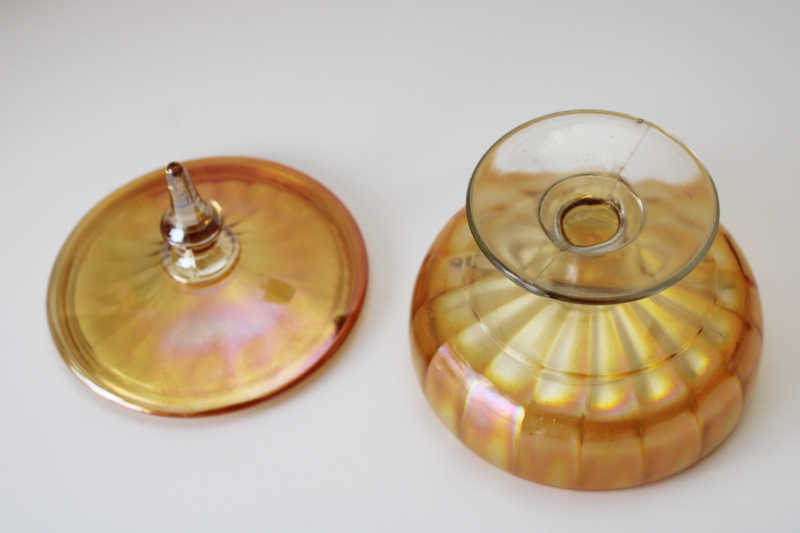 photo of 1930s vintage Lancaster glass candy dish, carnival glass marigold iridescent luster #5