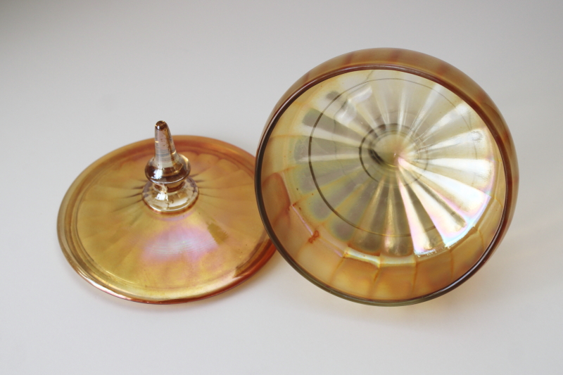 photo of 1930s vintage Lancaster glass candy dish, carnival glass marigold iridescent luster #6