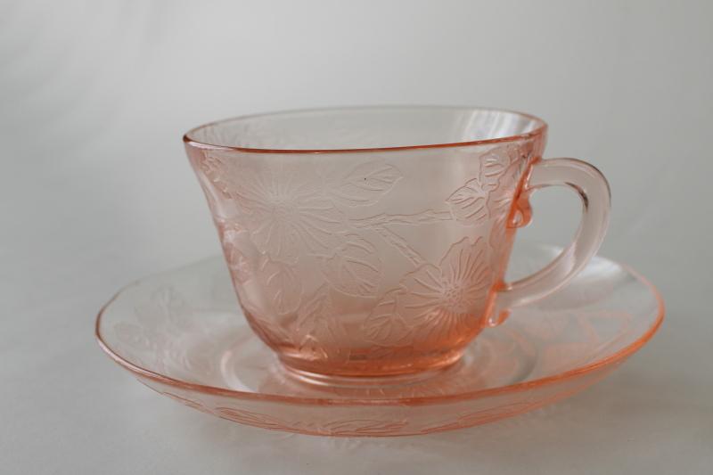 photo of 1930s vintage MacBeth Evans dogwood pink depression glass cup & saucer set #1