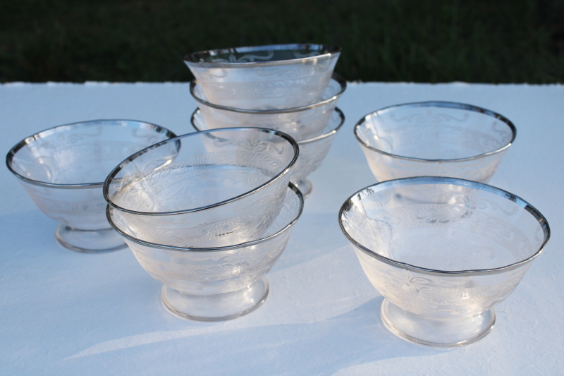 photo of 1930s vintage MacBeth Evans rose band clear depression glass dessert dishes platinum trim #1