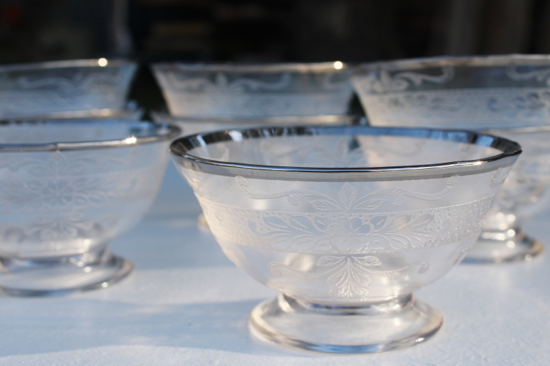 photo of 1930s vintage MacBeth Evans rose band clear depression glass dessert dishes platinum trim #5