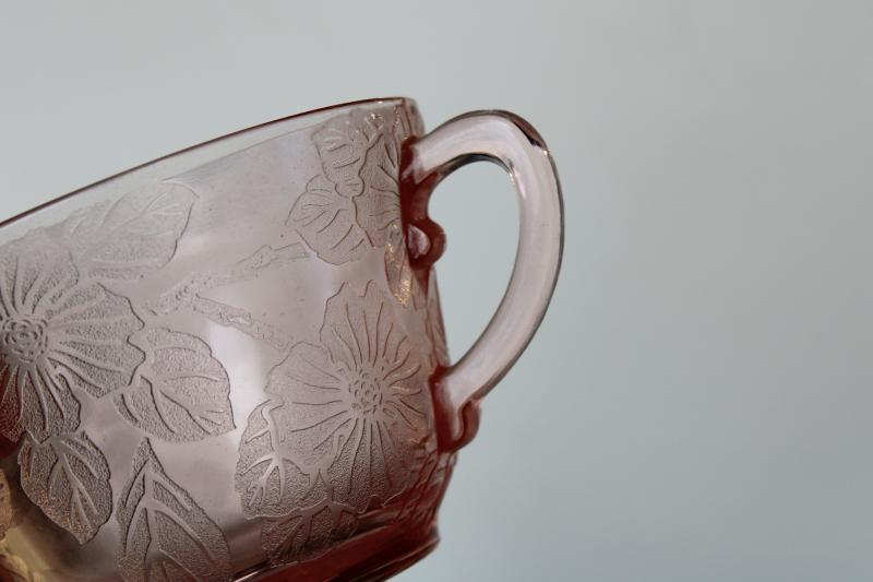 photo of 1930s vintage Macbeth Evans dogwood pattern pink depression glass tea cups & saucers #5