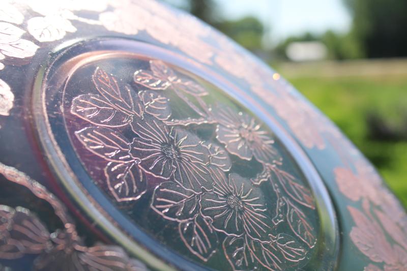 photo of 1930s vintage Macbeth Evans pink depression glass cake plate, dogwood pattern salver #3