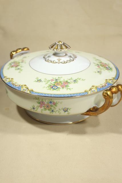 photo of 1930s vintage Noritake china covered dish or tureen, hand painted Azure pattern M mark #1